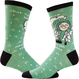 Crazy Dog T-Shirts Funny Science Socks for Women – Idiot Tolerance Quote and Lab Graphic – Soft Green Crew Novelty Footwear for Nerds Scientists Teachers and Chemistry Lovers