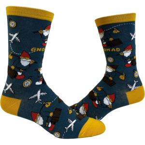 Crazy Dog T-Shirts Funny Travel Socks for Women – Roaming Gnomead Crew Socks with Airplane and Compass Design – Soft Cotton Blend Novelty Footwear for Jet Setters and Vacation Lovers