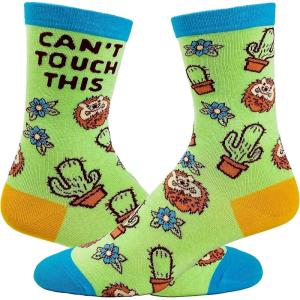 Funny Cactus Socks for Women – Cant Touch This Hedgehog and Plant Graphic – Soft Cotton Blend Novelty Crew Socks – Quirky Animal Gift for Plant Lovers and Sarcastic Humor Fans