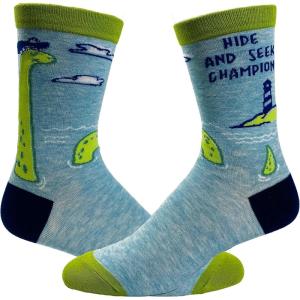 Funny Loch Ness Monster Socks for Women – Hide and Seek Champion Graphic – Comfy Blue Green Crew Socks – Novelty Cryptid Footwear for Myth Lovers and Mystery Fans