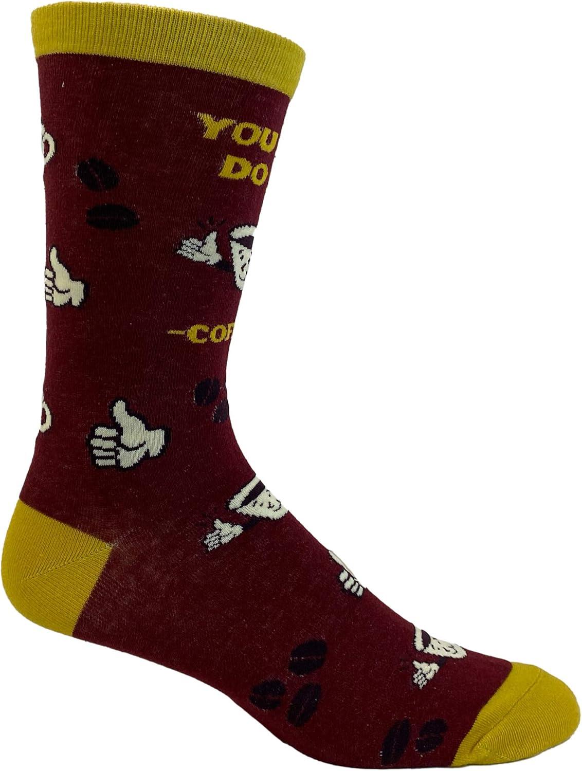 imageFunny Coffee Socks for Men You Can Do It Quote with Cup and Bean Graphics Comfy Maroon and Yellow Crew Fit Novelty Gift for Coffee Lovers and Baristas