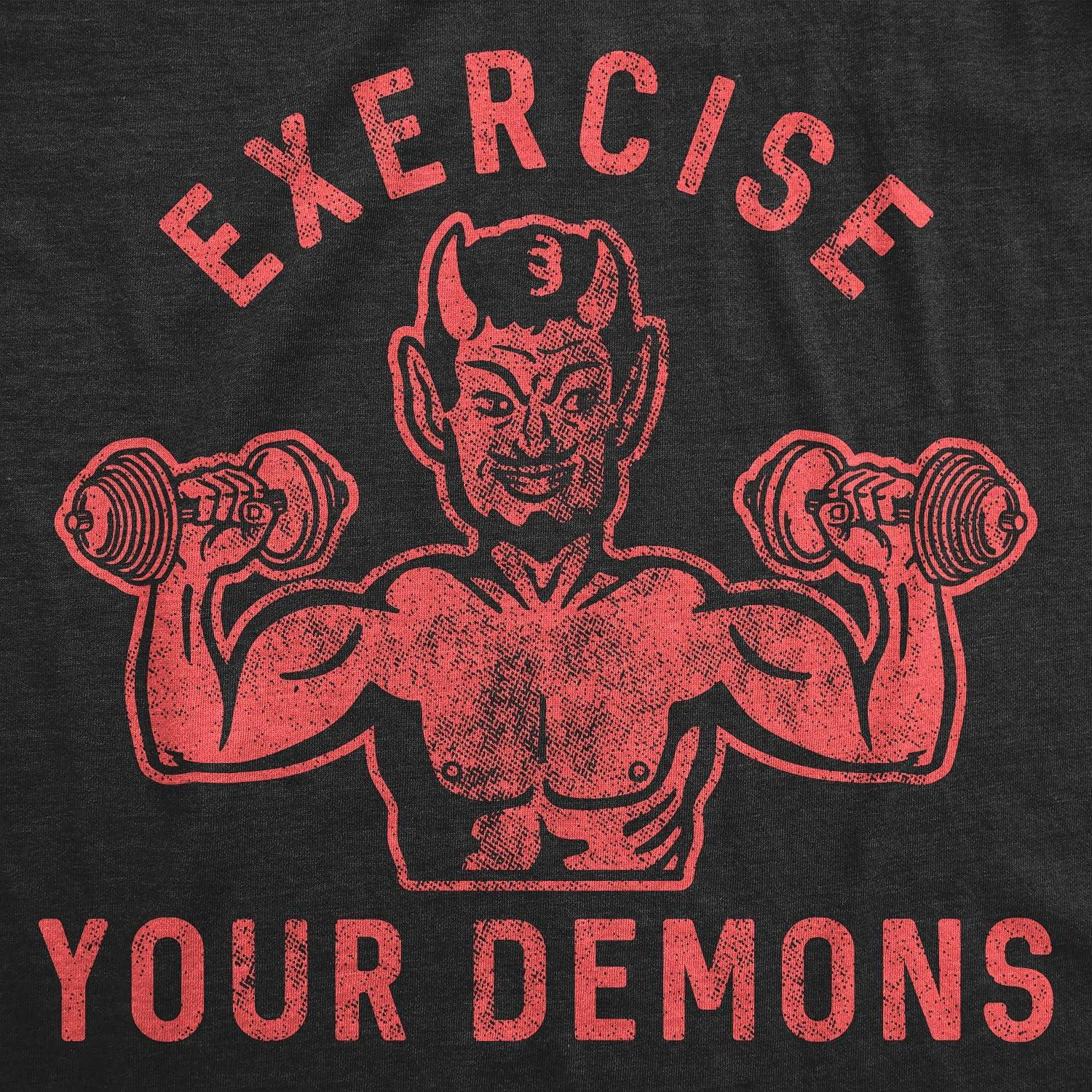 imageMens Exercise Your Demons T Shirt Funny Halloween Fitness Workout Devil Graphic TeeHeather Black