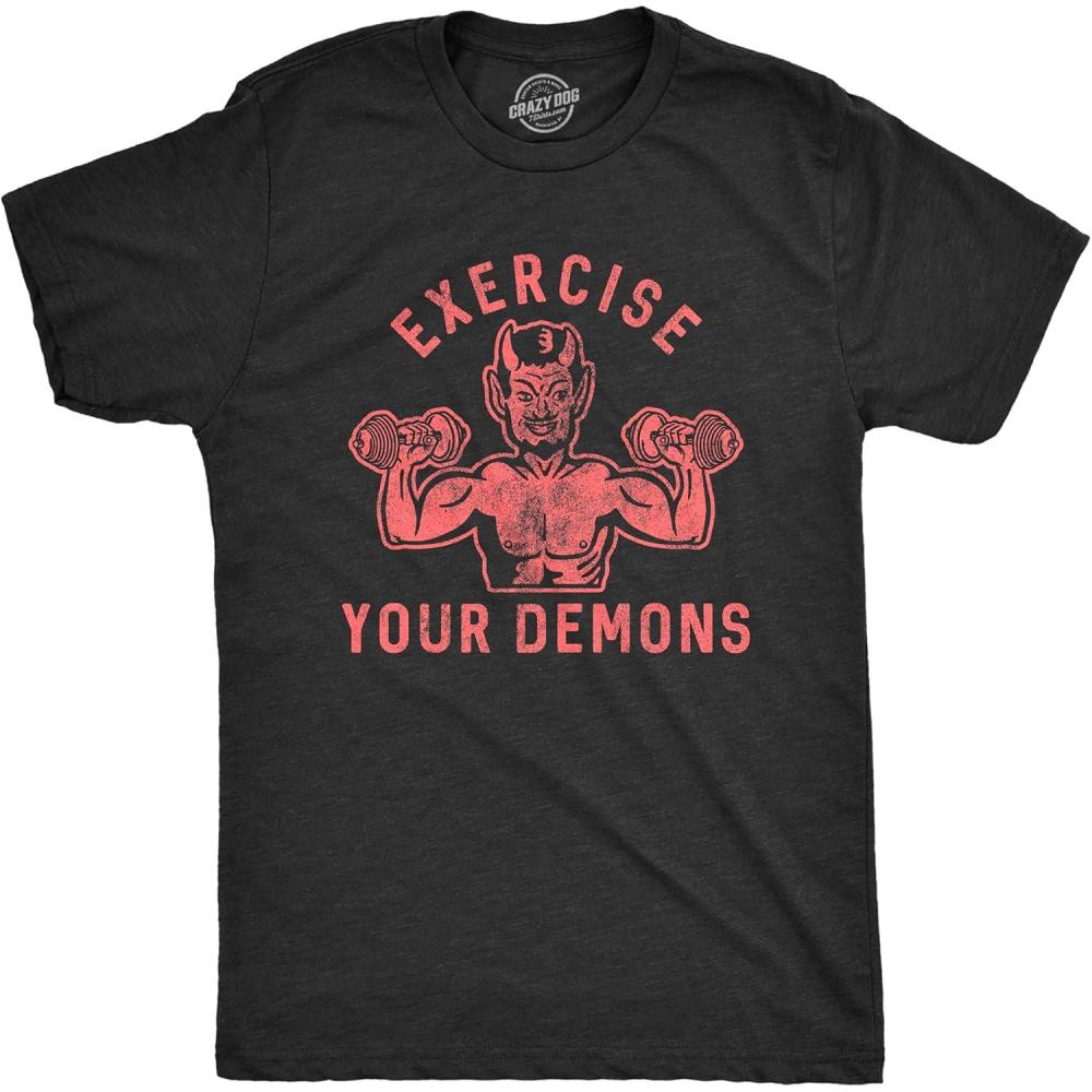 imageMens Exercise Your Demons T Shirt Funny Halloween Fitness Workout Devil Graphic TeeHeather Black