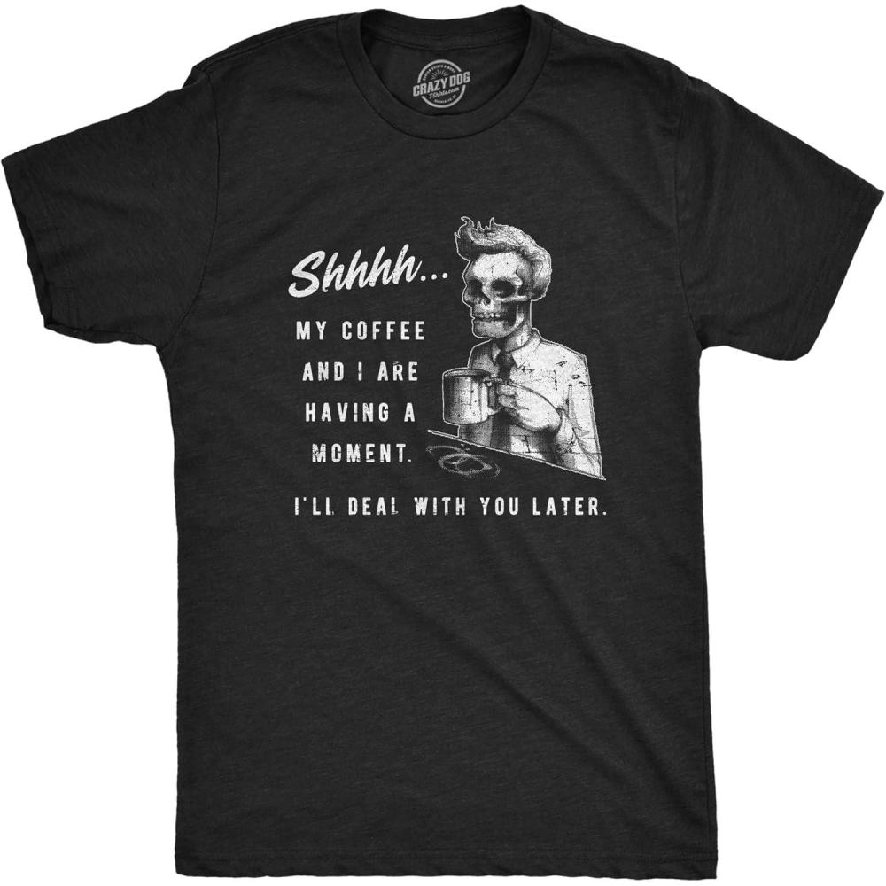imageMens My Coffee and I are Having A Moment T Shirt Funny Skeleton Halloween Graphic TeeHeather Black