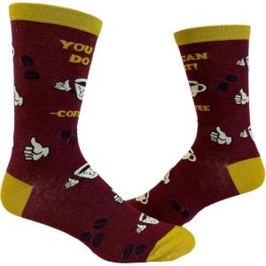 Funny Coffee Socks for Men – You Can Do It Quote with Cup and Bean Graphics – Comfy Maroon and Yellow Crew Fit – Novelty Gift for Coffee Lovers and Baristas