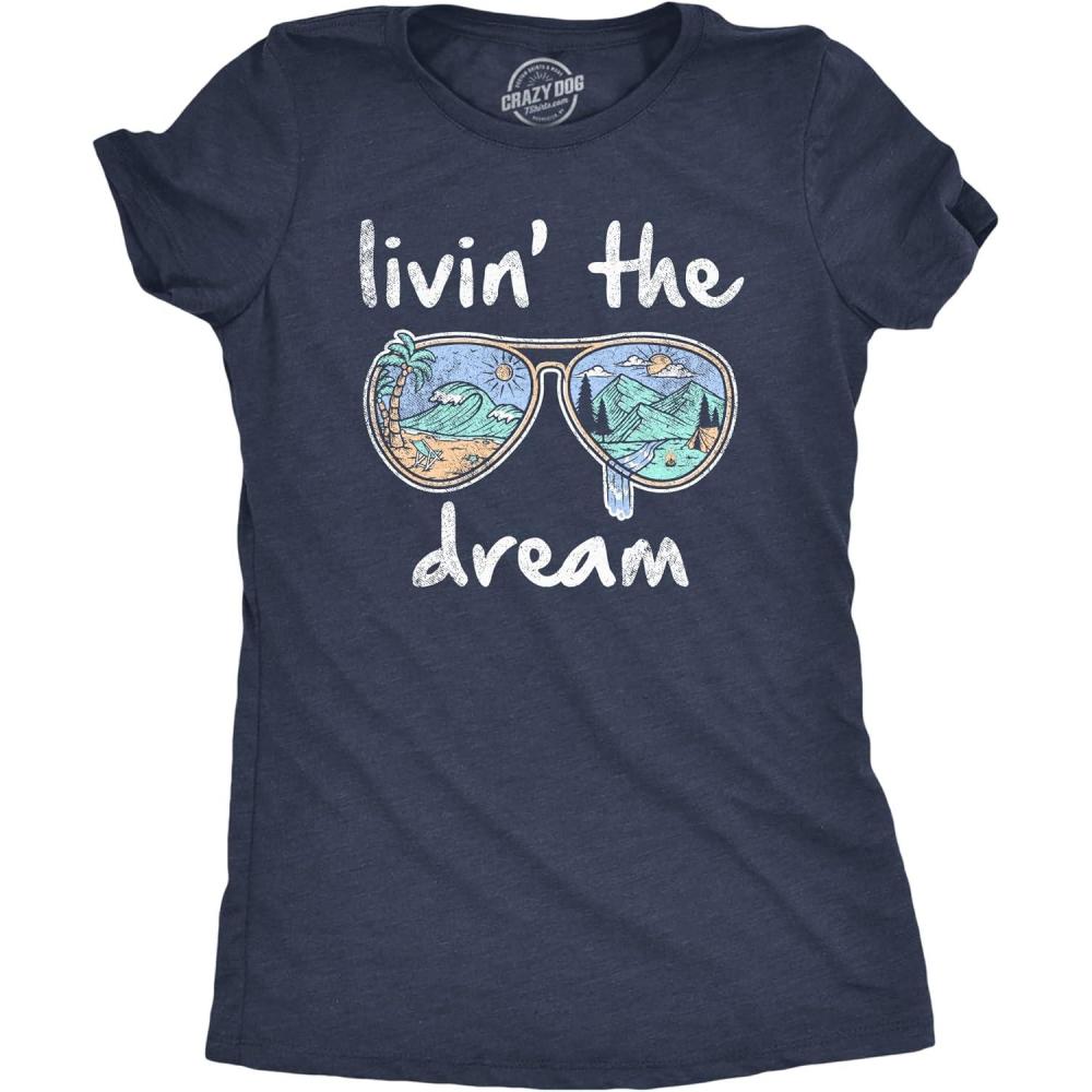 imageWomens Living The Dream T Shirt Cool Vacation Tee Graphic Novelty Tee Beach for GuysHeather Navy