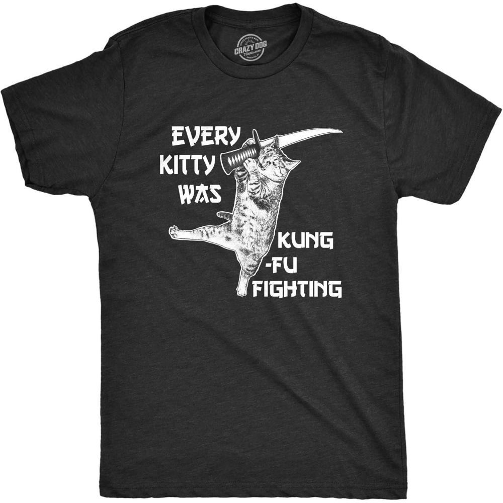 imageMens Every Kitty was Kung Fu Fighting Funny Kitten Cat Sword Music T ShirtHeather Black