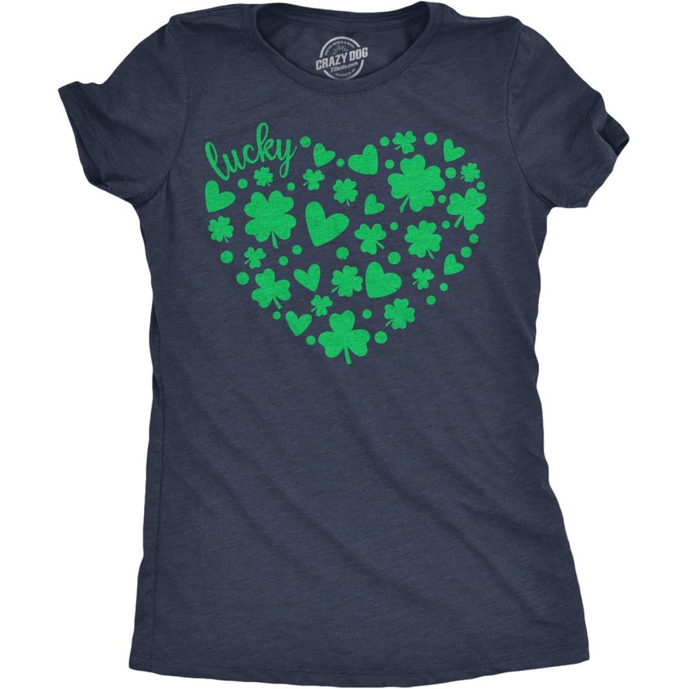 imageWomens Funny T Shirts Lucky Shamrock Heart Cute St Patricks Day Tee for Ladies