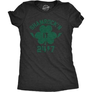 Womens Shamrock’n It 24/7 T Shirt Funny Saint Patricks Day Irish Clover Lucky Tee(Heather Black)