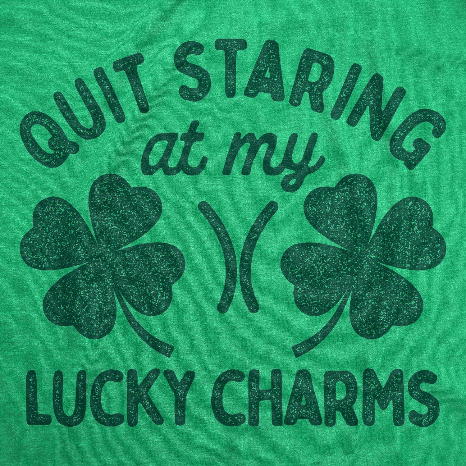 imageWomens Funny T Shirts Quit Staring at My Lucky Charms Sarcastic St Patricks Day Graphic Tee for Ladies