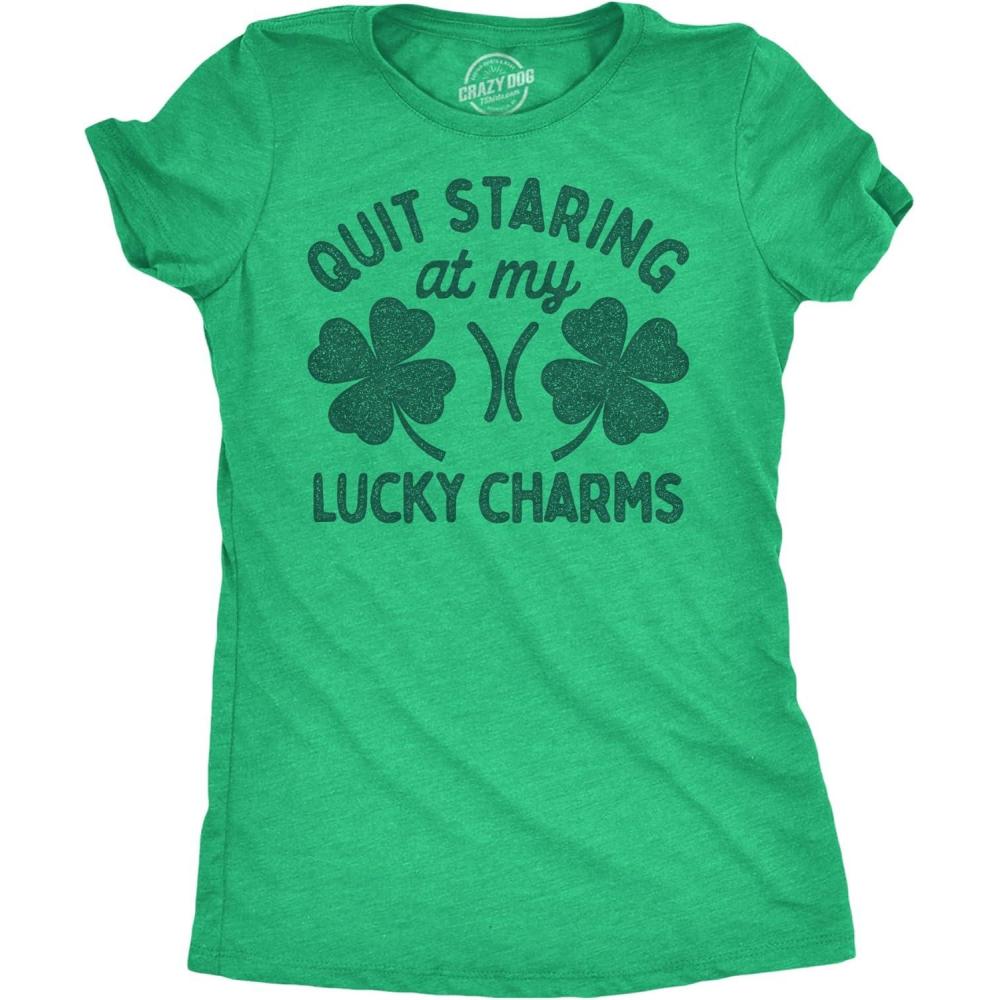 imageWomens Funny T Shirts Quit Staring at My Lucky Charms Sarcastic St Patricks Day Graphic Tee for Ladies