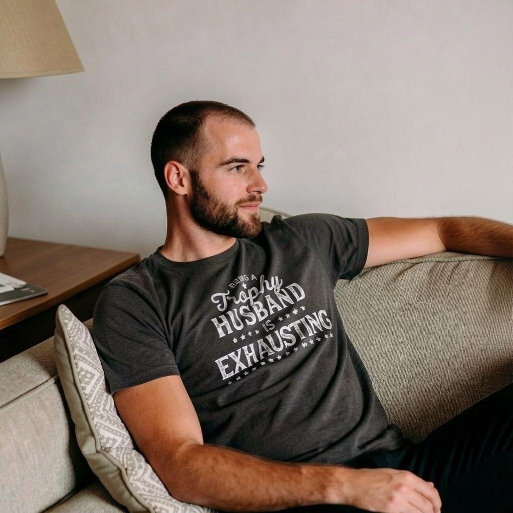imageMens Being A Trophy Husband is Exhausting T Shirt Funny Wedding Anniversary Graphic TeeHeather Black