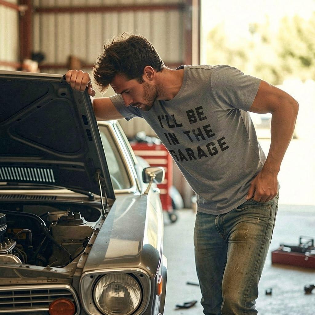imageMens Ill Be in The Garage T Shirt Funny Car Mechanic Dad Graphic Novelty TeeHeather Black