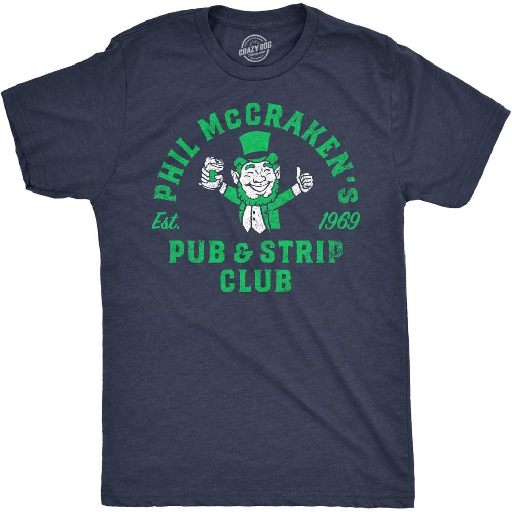 imageMens Funny T Shirts Phil McCrackens Pub and Strip Club Sarcastic St Patricks Day TeeHeather Navy Phil Mccrackens