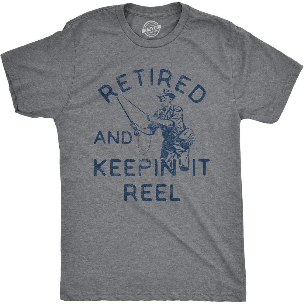 imageMens Retired and Keepin It Reel T Shirt Funny Fishing Grandpa Graphic Novelty TeeDark Heather Grey