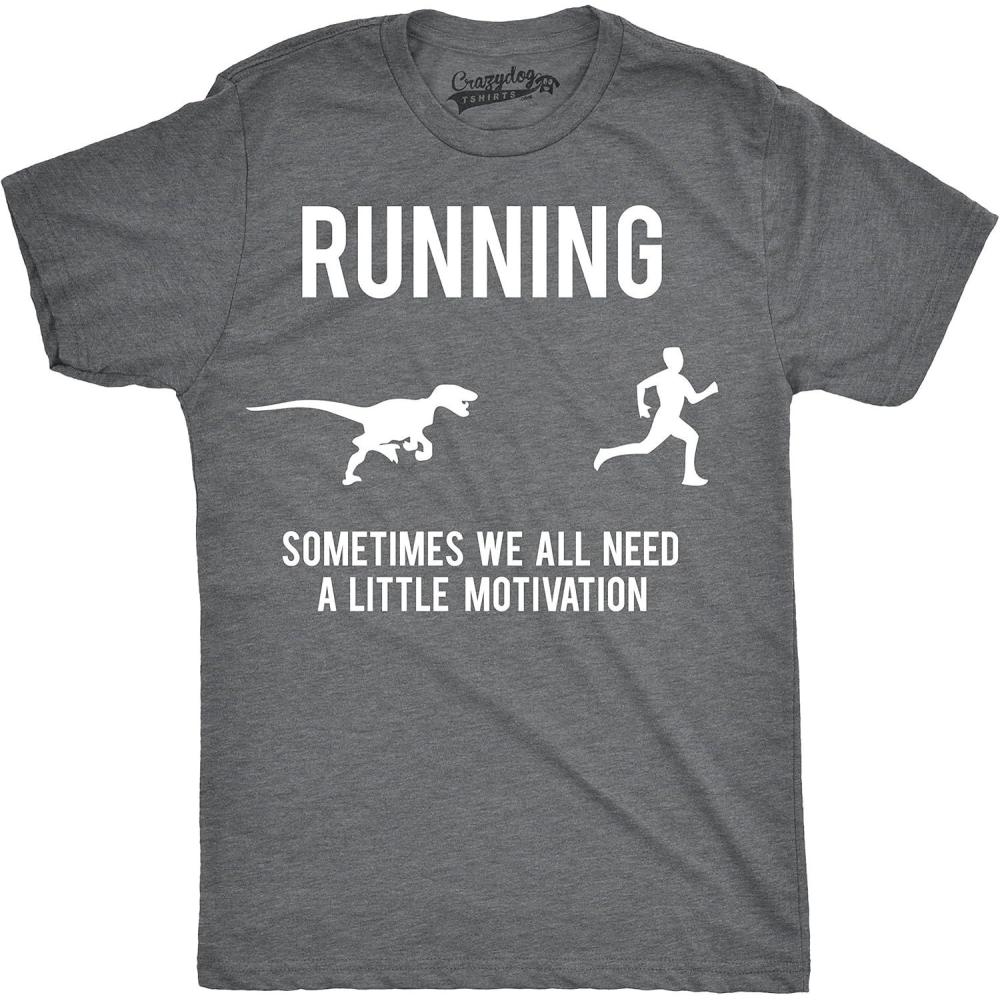 imageMens Running Motivation Raptor Chase T Shirt Funny Dinosaur Tee Nerdy GraphicDark Heather Grey