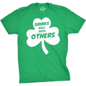 Drinks Well with Others T Shirt Funny Sarcastic Beer Saint Patricks Day Clover(Green)
