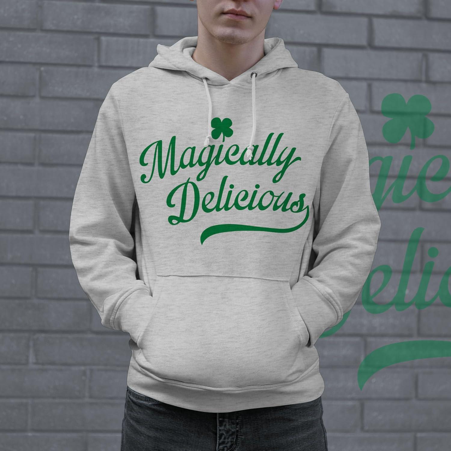 imageMagically Delicious Hoodie Funny St Patricks Day Outfit Four Leaf Clover Graphic Saying SweatshirtLight Heather Grey