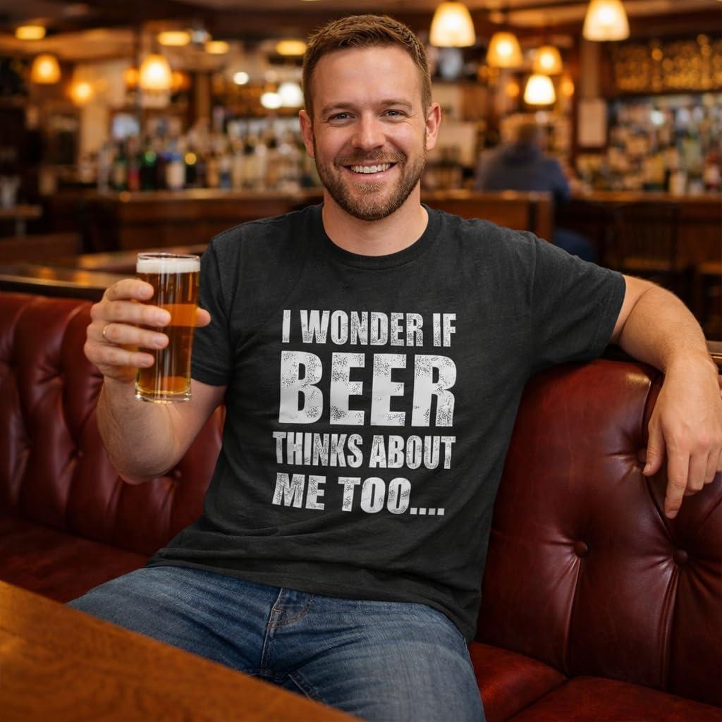 imageMens I Wonder If Beer Thinks About Me Too Funny Sarcastic Drinking TeeBlack