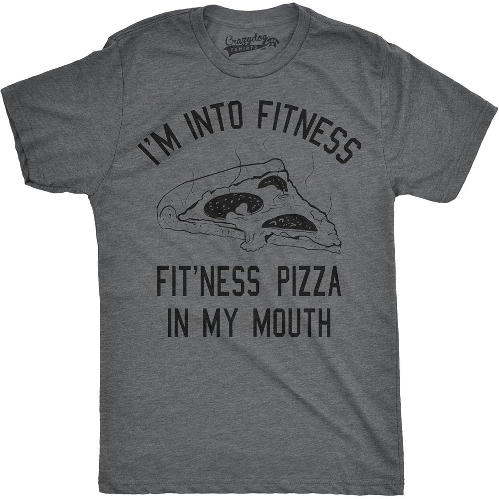 imageMens Fitness Pizza in My Mouth T Shirt Funny Fitness Workout Foodie Tee for GuysDark Heather Grey