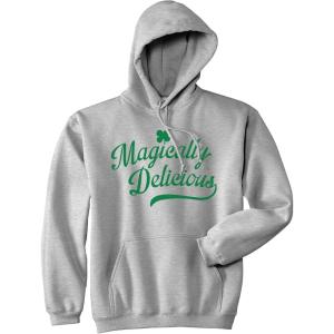 Magically Delicious Hoodie Funny St Patricks Day Outfit Four Leaf Clover Graphic Saying Sweatshirt(Light Heather Grey)