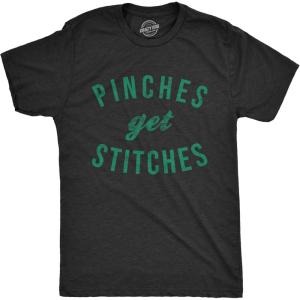 Mens Pinches Get Stitches T Shirt Funny Saint Patricks Day Novelty Patty Tee(Heather Black)