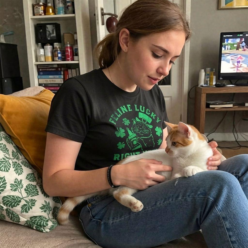 imageWomens Funny T Shirts Feline Lucky Right Meow Sarcastic St Patricks Day Kitten Graphic Tee for Ladies