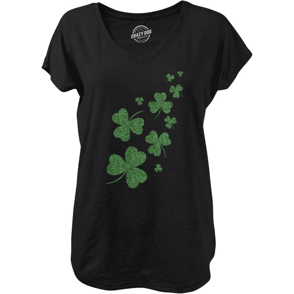 imageWomens Glitter Shamrocks VNeck Funny Saint Patricks Day Shamrock Clover Shirt for LadiesBlack