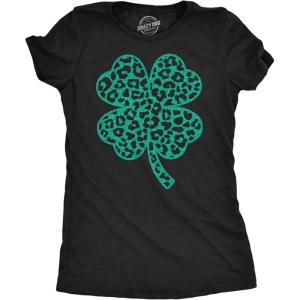 Womens Leopard Print Clover T Shirt Funny Cute Green Glitter St Paddys Day Shamrock Tee for Ladies(Heather Black – Leopard Print Clover)