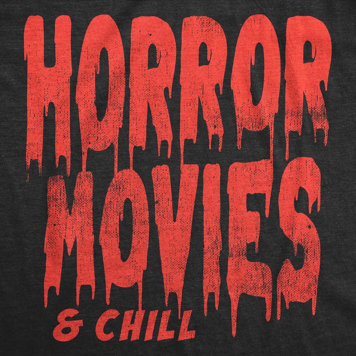 imageMens Horror Movies and Chill T Shirt Funny Halloween Movie Date Night Joke Tee for GuysHeather Black Horror
