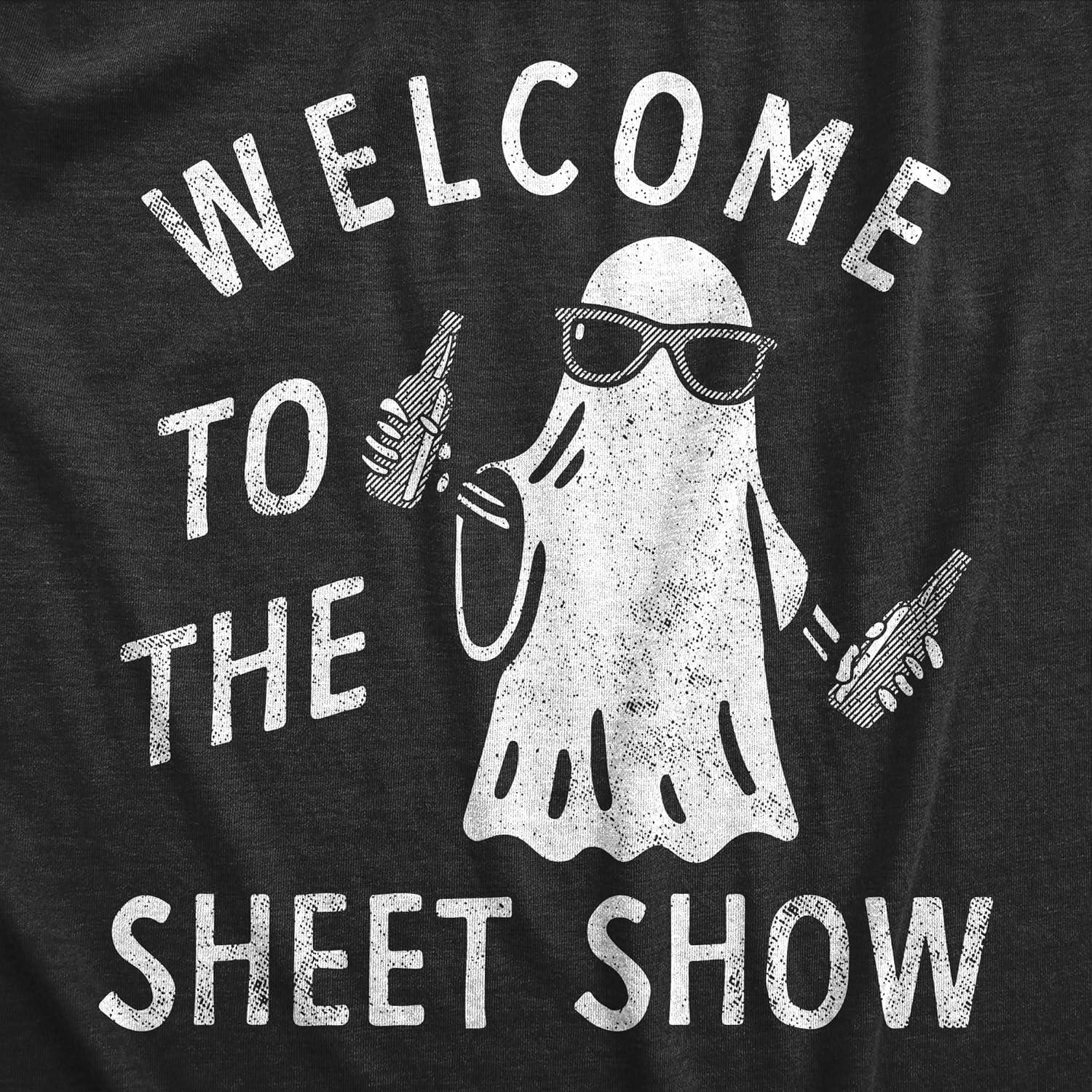 imageMens Welcome to The Sheet Show T Shirt Funny Halloween Partying Bedsheet Ghost Tee for GuysHeather Black Sheet