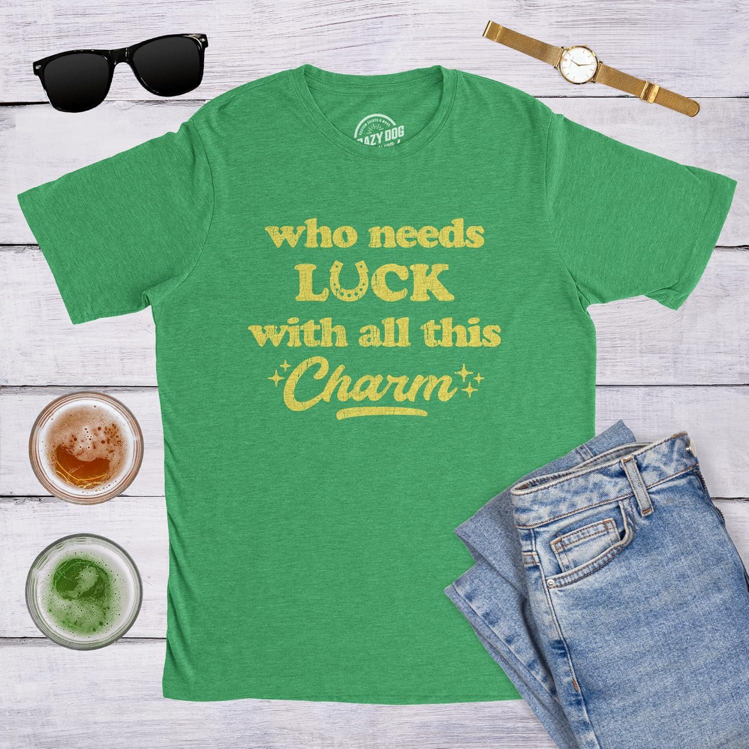 imageMens Who Needs Luck with All This Charm T Shirt Cool Saint Patricks Day Cute TeeHeather Green