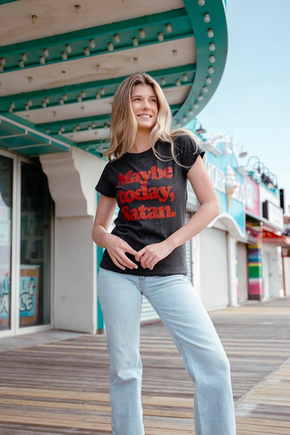 imageWomens Maybe Today Satan T Shirt Funny Sarcastic Devil Joke Graphic Novelty Tee HalloweenHeather Black