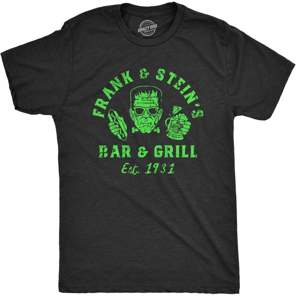 imageMens Frank and Steins Bar and Grill T Shirt Funny Frankenstein Halloween Tee for GuysHeather Black Frank