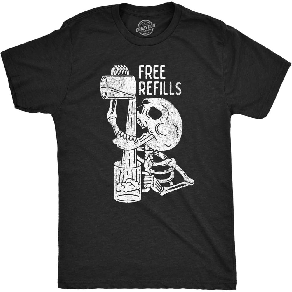 imageMens Free Refills T Shirt Funny Halloween Drinking Skeleton Joke Tee for GuysHeather Black Refills