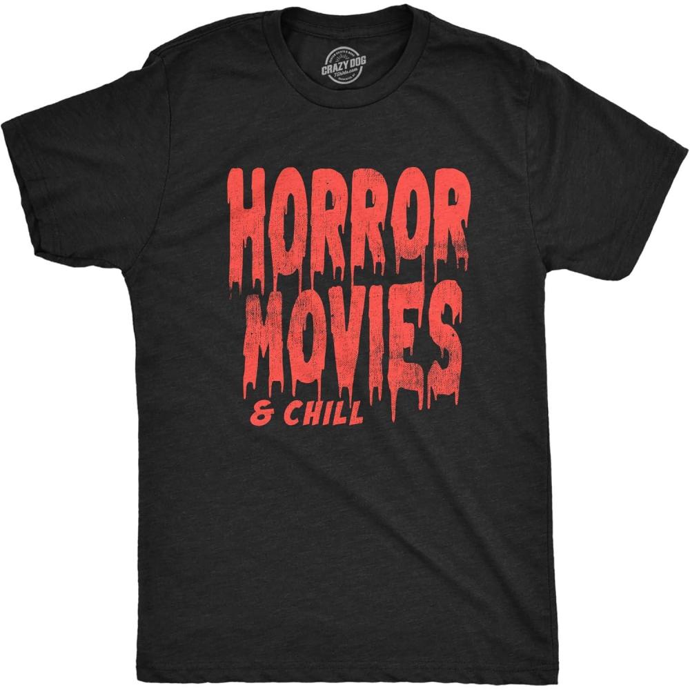 imageMens Horror Movies and Chill T Shirt Funny Halloween Movie Date Night Joke Tee for GuysHeather Black Horror