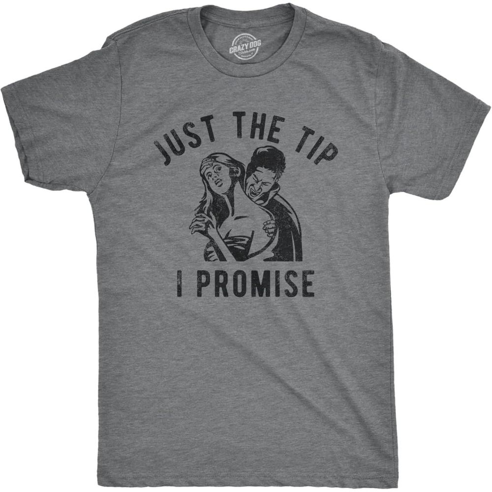 imageMens Just The Tip I Promise T Shirt Funny Halloween Vampire Bite Joke Tee for GuysDark Heather Grey Tip