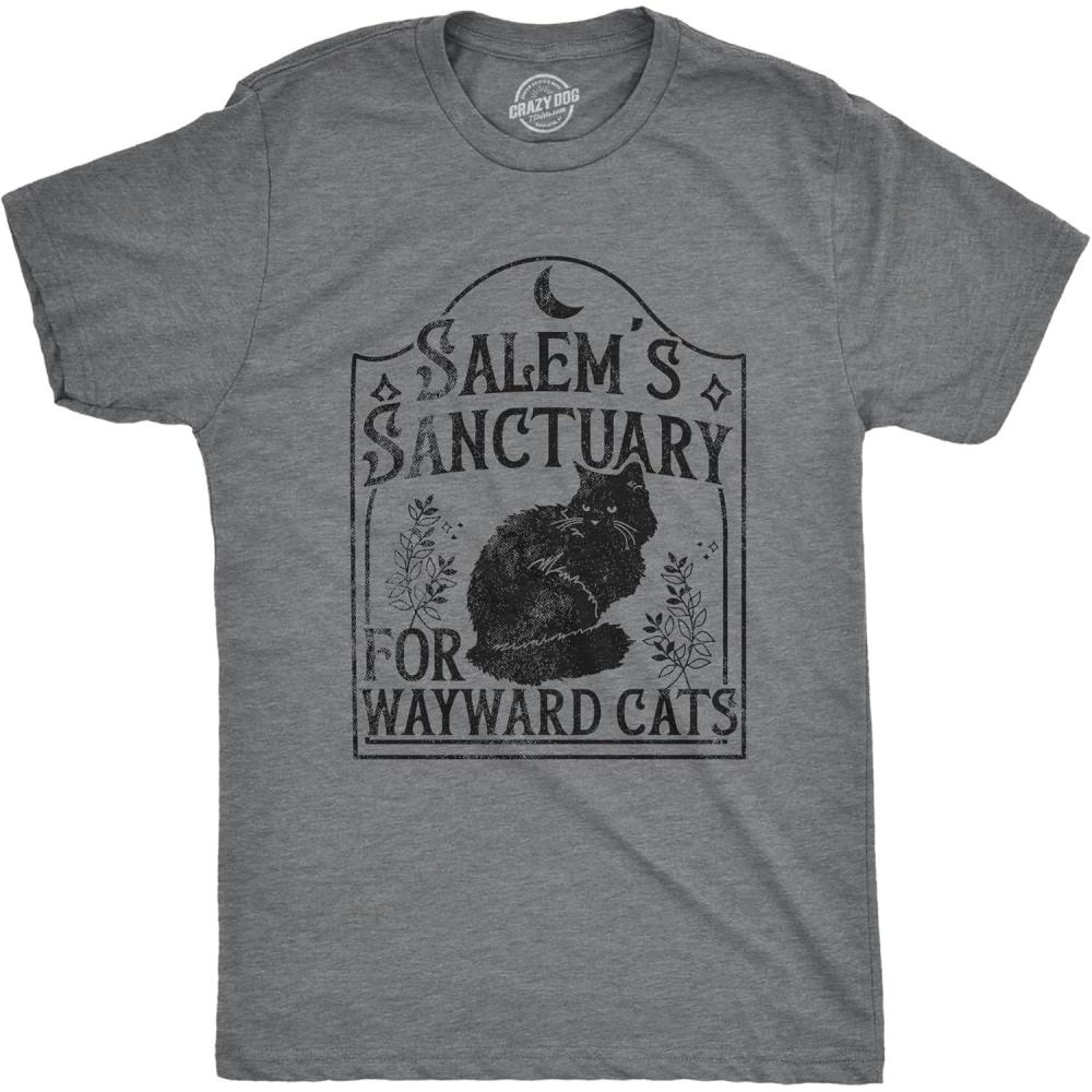 imageMens Salems Sanctuary for Wayward Cats T Shirt Funny Spooky Halloween Kitten Lovers Tee for GuysDark Heather Grey Salems