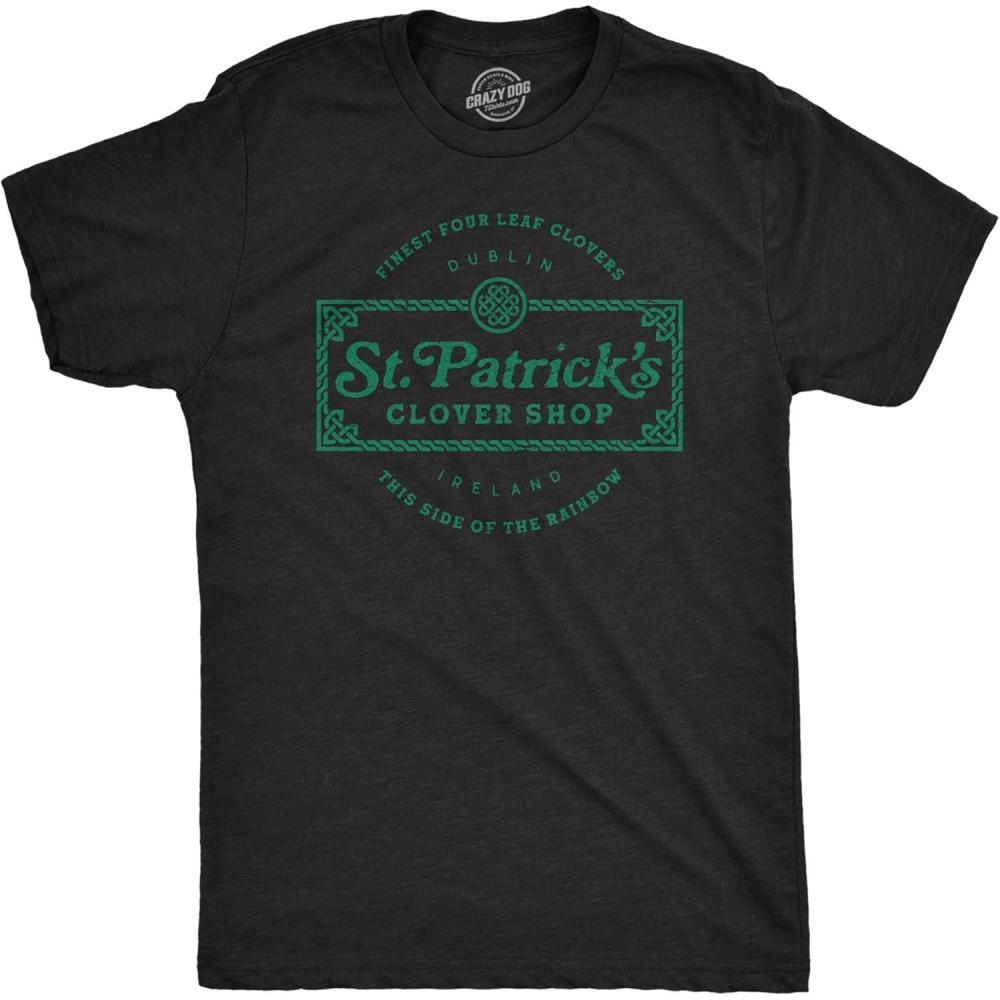 imageMens St Patricks Clover Shop T Shirt Funny Saint Paddys Day Parade Graphic Novelty Tee for GuysHeather Black