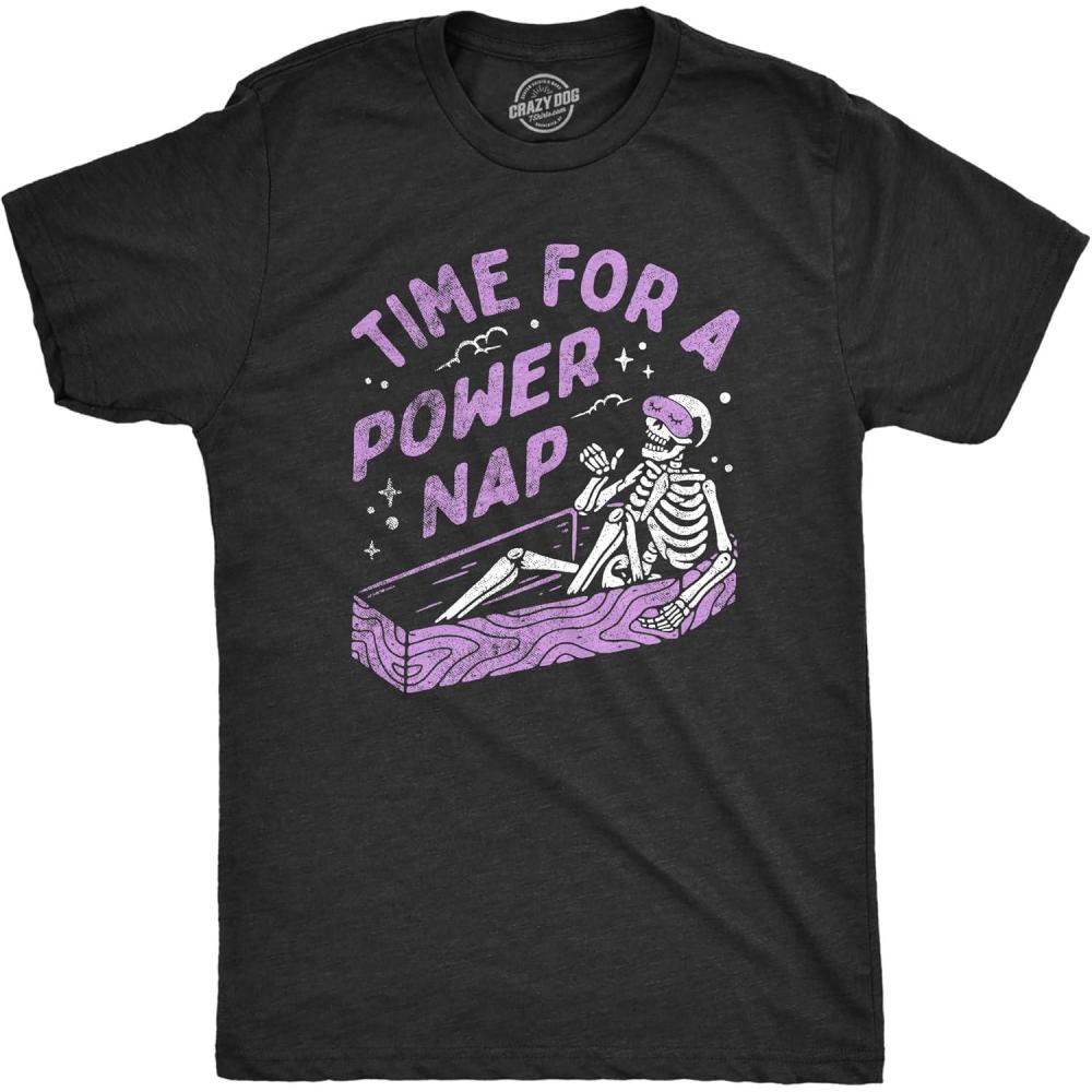 imageMens Time for A Power Nap T Shirt Funny Halloween Sleepy Skeleton Coffin Joke Tee for GuysHeather Black Powernap