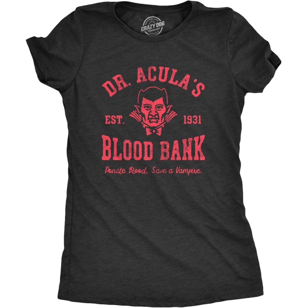 imageWomens Dr Aculas Blood Bank T Shirt Funny Scary Halloween Party Vampire Donor Tee for LadiesHeather Black  Dracula