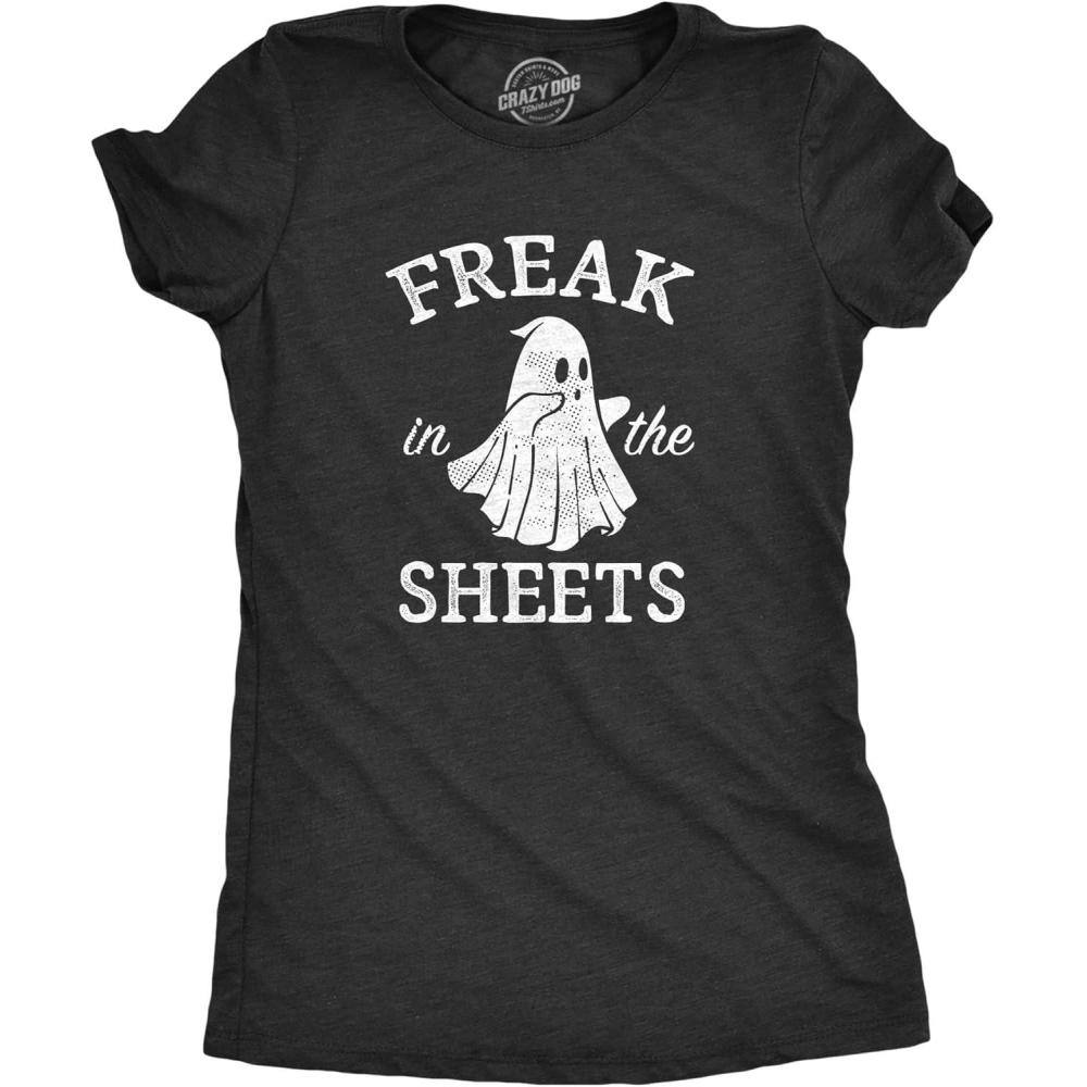 imageWomens Funny Halloween T Shirts Spooky Scary October Tees for LadiesHeather Black Sheet Freak