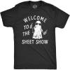 Mens Welcome to The Sheet Show T Shirt Funny Halloween Partying Bedsheet Ghost Tee for Guys(Heather Black – Sheet)