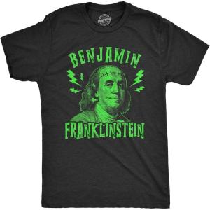 Mens Benjamin Franklinstein T Shirt Funny Halloween Frankenstein Ben Franklin USA Graphic Tee(Heather Black)