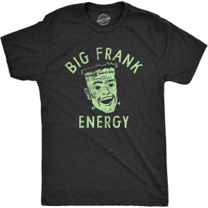 Mens Big Frank Energy T Shirt Funny Spooky Halloween Frankenstein Tee for Guys(Heather Black – Frank)