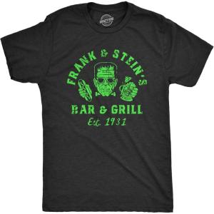 Mens Frank and Steins Bar and Grill T Shirt Funny Frankenstein Halloween Tee for Guys(Heather Black – Frank)