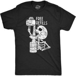 Mens Free Refills T Shirt Funny Halloween Drinking Skeleton Joke Tee for Guys(Heather Black – Refills)