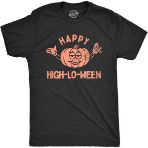 Mens Happy High Lo Ween T Shirt Funny 420 Halloween Weed Smoking Spooky Season Lovers Tee for Guys(Heather Black – High)