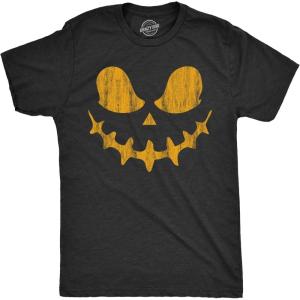 Mens Happy Tooth Glowing Pumpkin Face Glow in The Dark Halloween Tee(Heather Black – Skeletal)