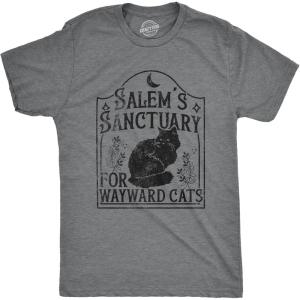 Mens Salems Sanctuary for Wayward Cats T Shirt Funny Spooky Halloween Kitten Lovers Tee for Guys(Dark Heather Grey – Salems)